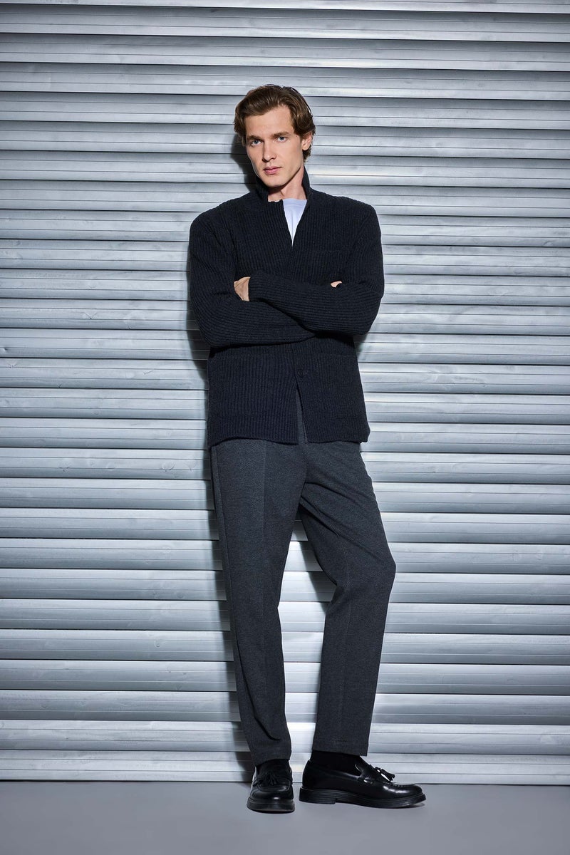 DeFacto Grey Man Standard Fit Jacket Collar Knitwear Cardigan Casual - Image 2